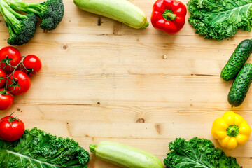 Frame of farming food - vegetables and herbs, flat lay from above