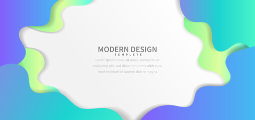 Abstract fluid dynamic style banner web design blue and green on white background with copy space for text.