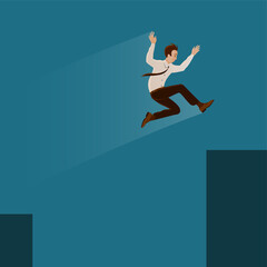 A businessman in a tie jumps over a gorge in the rocks. The concept of overcoming obstacles, the risk and courage in decision making. Vector illustration in cartoon style.