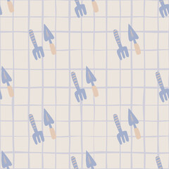 Pale seamless pattern with shovel and rake silhouettes. Light grey background with blue ornament and check.