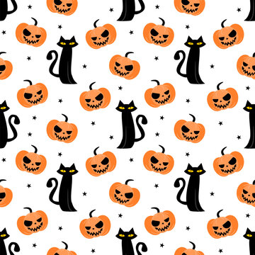 Halloween pumpkin and black cat seamless pattern