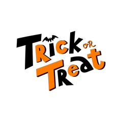 Trick or treat hand lettering with bat icon. Modern vector illustration isolated on white background. Typography design for card, poster, web banner, social media.