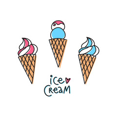 Ice cream doodle vector art with hand-drawn lettering. Minimalist drawing of summer dessert set. Isolated design element for card, sticker, web banner or print.