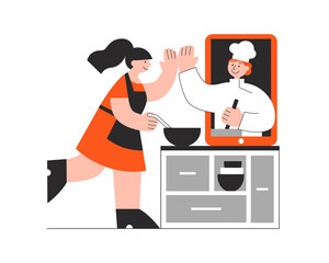 Young woman in apron high fives with chef-cook on the tablet. Online cooking, culinary internet course concept. Flat vector illustration isolated on white background. Design for advert, website.