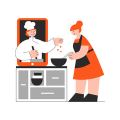 Chef-cook from digital tablet cooking with a woman in apron on kitchen. Online cooking, culinary internet course vector art. Isolated flat illustration for advert, web banner, social media.