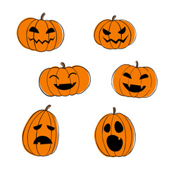 Vector set of flat pumpkins with emotional faces for Halloween. Icons for web, sticker, print, card, or social media. Cartoon art objects isolated on white background.