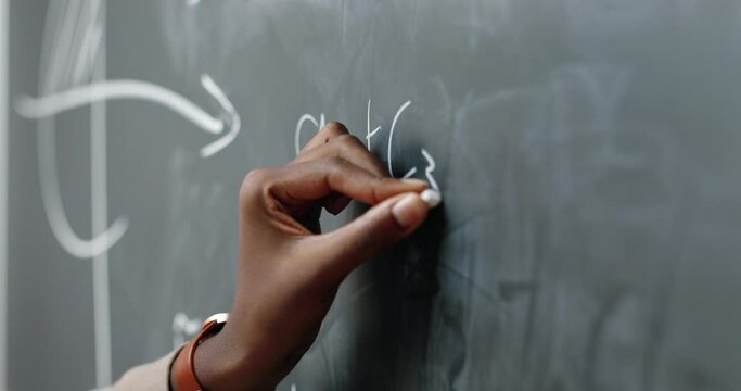 Close up of African American hand of woman writing math or physics formulas with chalks on blackboard. Female teacher at school. Lesson pf mathemathics.