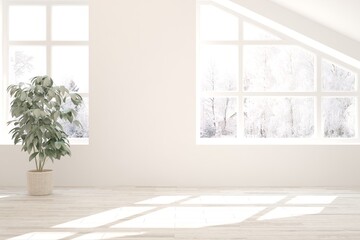 White stylish empty room with winter landscape in window. Scandinavian interior design. 3D illustration
