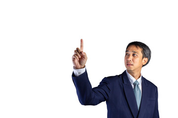 Asian business man wearing a suit think and point finger up isolated on white background with copy...
