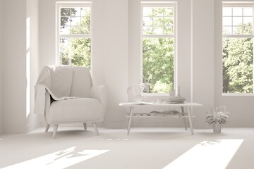 Stylish room in white color with armchair and green landscape in window. Scandinavian interior design. 3D illustration