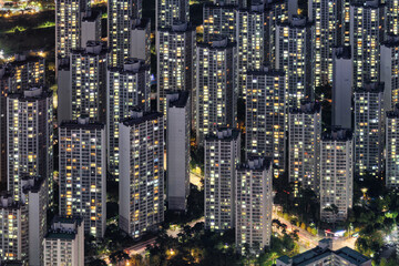 Night aerial view of high-rise residential buildings in Seoul