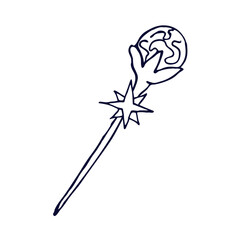 Sketch of  magic scepter. Witchcraft attributes.  Hand drawn element with magical symbol. Vector illustration in the Doodle style. Isolated object on a white background. 