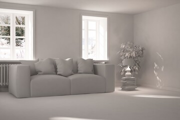 Stylish minimalist room with sofa in white color. Scandinavian interior design. 3D illustration