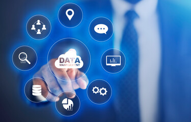 Business Data Management. Male Entrepreneur Pressing Button On Digital Screen With Infographic