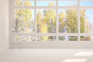 White stylish empty room with autumn landscape in window. Scandinavian interior design. 3D illustration