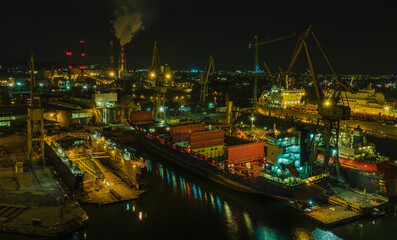 Fototapeta na wymiar night air panorama of Gdansk Poland shipyard