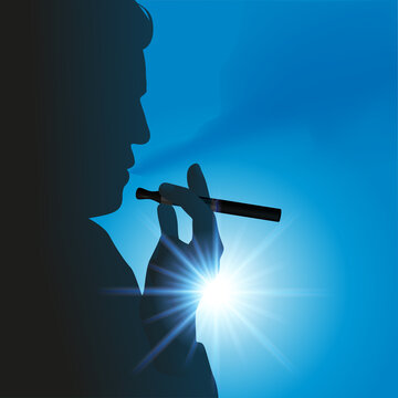 Concept de la lutte contre le tabagisme et de l’addiction à la nicotine, avec la silhouette d’un homme qui fume une cigarette électronique.