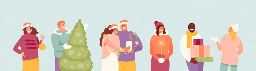 Happy people group preparing for Christmas. New Years celebration vector characters