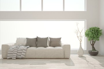 White stylish minimalist room with sofa. Scandinavian interior design. 3D illustration