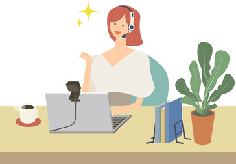 パソコンでオンライン英会話をしている女性のベクターイラスト