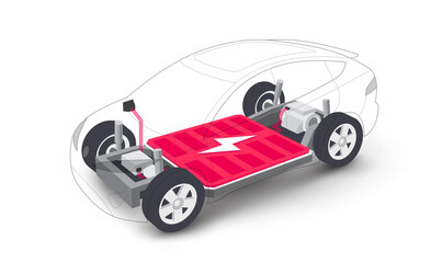 Modern electric car battery modular platform board scheme with bodywork wheels. Electric skateboard module chassis components battery pack, motor powertrain, controller. Isolated vector illustration.