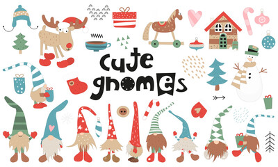 Vector set of cute scandinavian gnomes, christmas elements and characters. Kids illustrations isolated on white background. Cute collection for x-mas design.