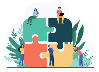 Business team putting together jigsaw puzzle isolated flat vector illustration. Cartoon partners working in connection. Teamwork, partnership and cooperation concept - obrazy, fototapety, plakaty