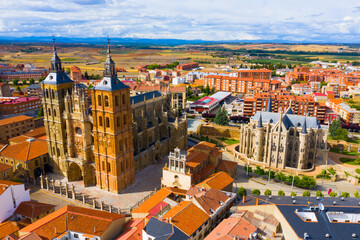 Aerial view of colorful Astorga cityscape with ancient Cathedral and Episcopal Palace, Spain