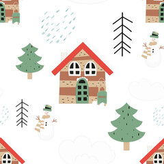 Seamless pattern for Christmas design in Scandinavian style. Xmas tree, wooden little house, snowman. Vector illustration for DIY, greeting card, wrapping paper. Pattern is cut, no clipping mask.