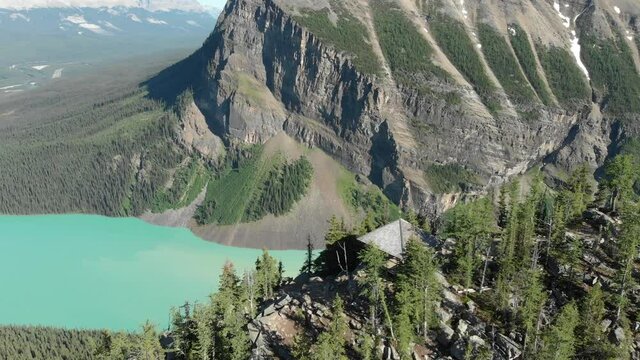 Banff National Park aerial view, flying over scenic parador in the Canadian Rockies during summer, Lake Louise, Alberta, Canada.
