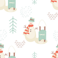Seamless pattern for Christmas design in Scandinavian style. Xmas tree, snowman and sled. Vector illustration for DIY, greeting card, wrapping paper. Pattern is cut, no clipping mask.