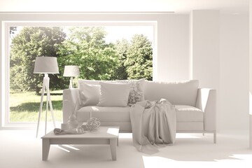 Stylish room in white color with sofa and green landscape in window. Scandinavian interior design. 3D illustration