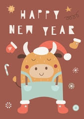 Cute Ox. Greeting card for Happy Chinese new year 2021 - funny bull and winter decorations. Vector illustration. Lettering Happy New Year.