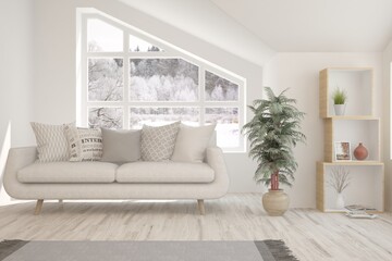 White stylish minimalist room with sofa and winter landscape in window. Scandinavian interior design. 3D illustration