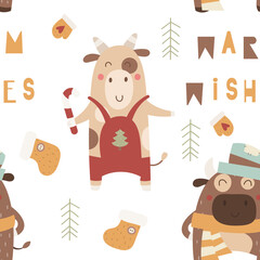 Cute Ox. Seamless pattern for Happy Chinese new year 2021 - funny bulls and christmas elements. Vector illustration. Great for wrapping paper, textile, packaging, gifts design. Text Warm wishes.