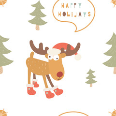 Cute seamless pattern for Christmas design and X-mas goods. Scandinavian style. Nordic funny reindeer, trees and lettering Happy holidays. Vector illustration. Pattern is cut, no clipping mask.