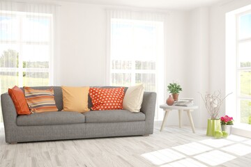 White stylish minimalist room with sofa. Scandinavian interior design. 3D illustration