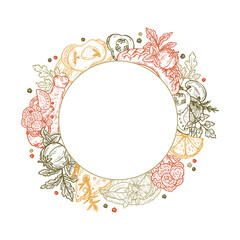 Food frame. Vector Set for menu decoration. Hand Drawn Sketch Snacks: Sausages, Fried chicken, Scrambled eggs with bacon, Fish, Cheese and Vegetables
