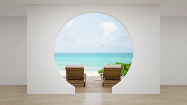 Lounge chairs on wooden floor terrace of empty large living room in modern new house or luxury hotel. Cozy home interior 3d rendering with beach and sea view.