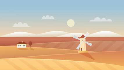 Autumn agriculture landscape vector illustration. Cartoon flat autumnal panorama scenery with windmill and farm village house on rural organic wheat field, farmland agricultural scene background