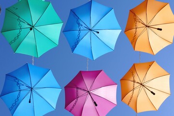 Parapluies, multicolore, vert, bleu, jaune, orange, rose, coloré, ouvert, objet, lumière, lumineux, soleil, ciel, bleu, Aurillac, Auvergne, Cantal, capitale, préfecture, ville, cité, urbain, ombre, pl