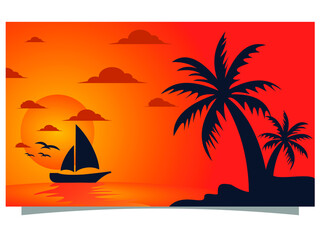 Fototapeta na wymiar Flat background design with boat and palm in the afternoon