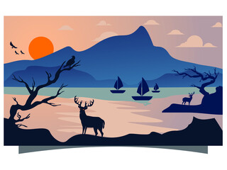 scenic flat background with mountains and deer