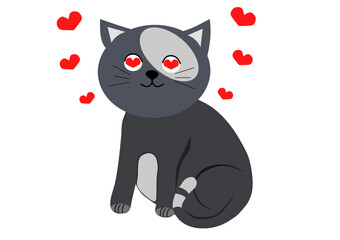 vector graphics, cartoon grey cat in love