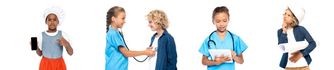 collage of african american kid pointing with finger at smartphone with blank screen, child in doctor costume examining boy isolated on white