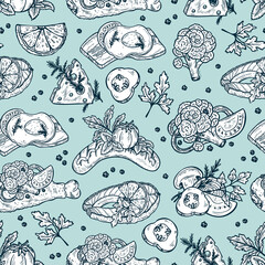 Food Seamless background. Hand Drawn Sketch Snacks: Sausages, Fried chicken, Scrambled eggs with bacon, Fish, Cheese and Vegetables.
