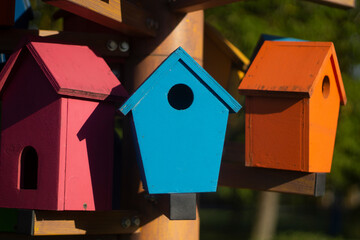 Obraz na płótnie Canvas Bird houses. Colored birdhouses on the street.