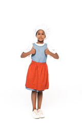 African american kid dressed in costume of chef showing thumbs up isolated on white