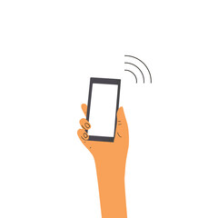 Human hand holding a phone. Vector design.