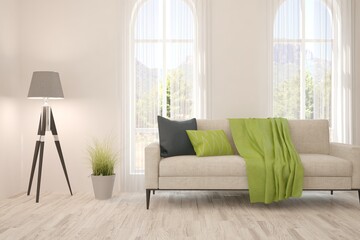 White stylish minimalist room with sofa. Scandinavian interior design. 3D illustration